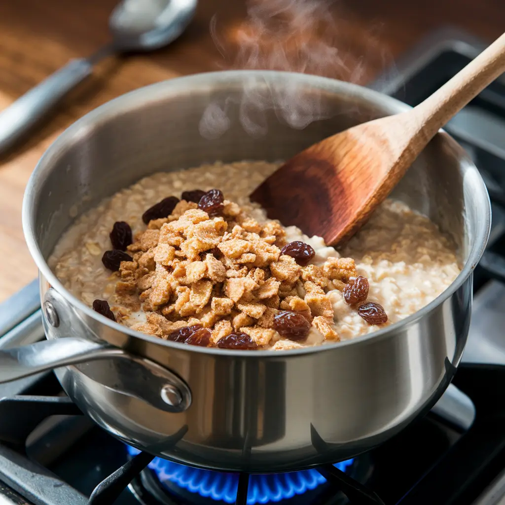 A simmering pot of oatmeal, being stirred with a wooden spoon, with steam rising.