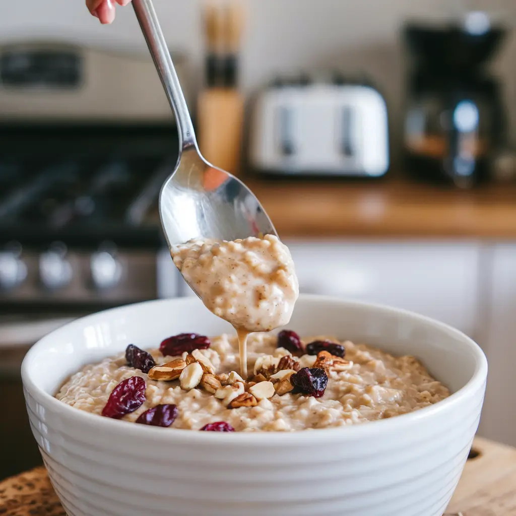 A spoon stirring a mixture of cinnamon, maple syrup, and vanilla into the oatmeal, creating a smooth and creamy texture