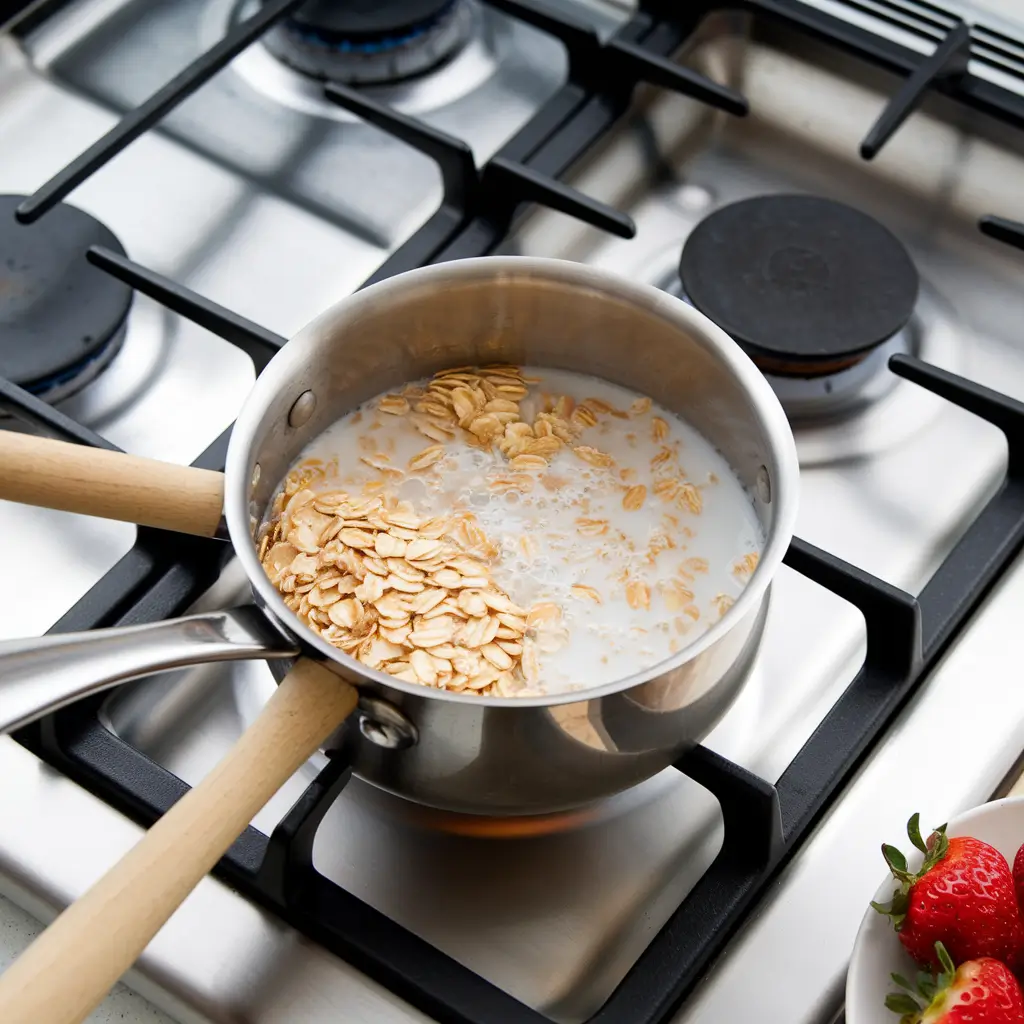 A small saucepan on a stovetop with oats and almond milk gently boiling.