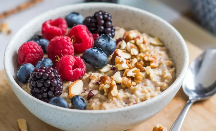 A bowl of oatmeal beautifully garnished with fresh berries and chopped nuts, ready to be served.