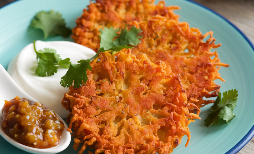 A plate with crispy, golden sweet potato fritters, served alongside vegan yogurt and chutney with fresh cilantro sprinkled on top.